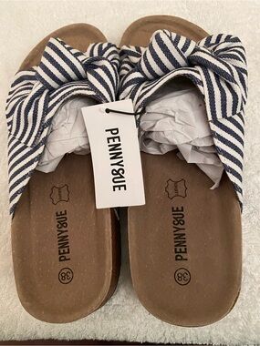 Penny & Sue Navy Striped Knot Slide Sandals - Women